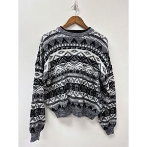 Vintage 90s Campus Geo Knit‎ Sweater Black White L